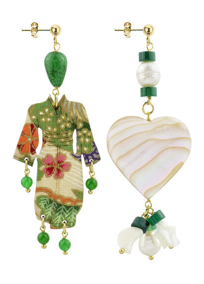 Kimono And Small Green Mother Of Pearl Heart Earrings - Lebole Maison