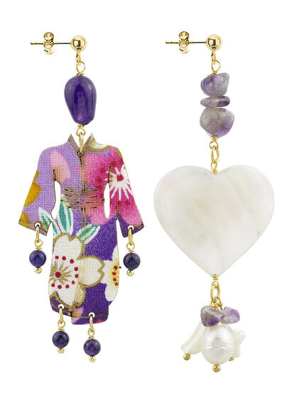 Kimono And Small Purple Mother Of Pearl Heart Earrings - Lebole Maison