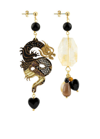 Small Black Dragon And Rock Crystal Earrings - Lebole Maison