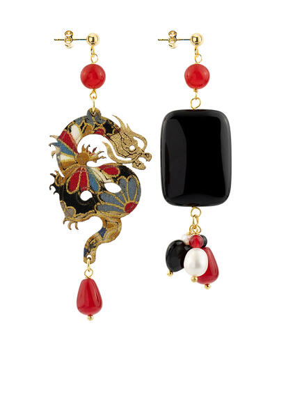 Orecchini Drago E Pietra Nera Piccolo Rubino - Lebole Maison