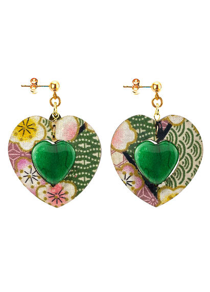 Heart Earrings With Stone And Green Silk - Lebole Maison