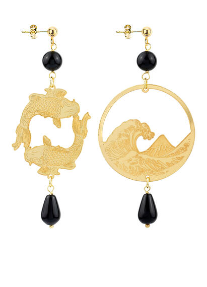 Orecchini Carpa E Onda Oro Piccolo Nero - Lebole Maison