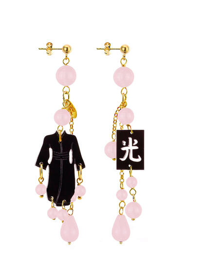Kimono Plexi Earrings Black Short Tuft Pink - Lebole Maison