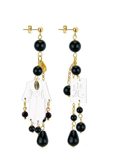 Orecchini Kimono Plexi Trasparente Ciuffo Corto Nero - Lebole Maison