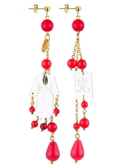 Orecchini Kimono Plexi Trasparente Ciuffo Corto Rubino - Lebole Maison