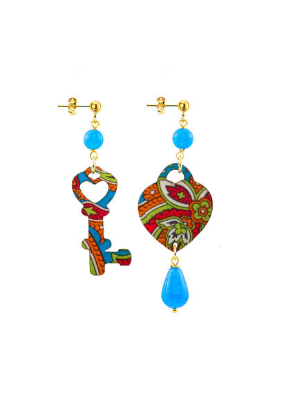 Orecchini Cuore E Chiave Mini Azzurro - Lebole Maison