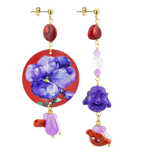 Orecchini Circle Classico Fiore Viola Fondo Rosso Rubino - Lebole Maison