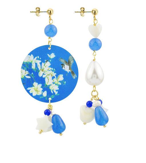 Orecchini Circle Classico Fiori Bianchi E Colibr&igrave; Azzurro - Lebole Maison