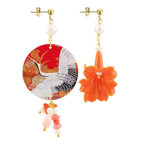 Orecchini Circle Classico Airone Bianco Fondo Rosso Perla - Lebole Maison