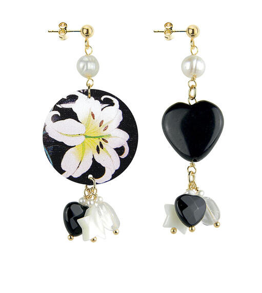Orecchini Circle Piccolo Fiore Bianco Fondo Nero Perla - Lebole Maison