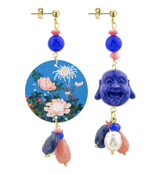 Orecchini Circle Piccolo Fiore Rosa Fondo Azzurro Blu - Lebole Maison