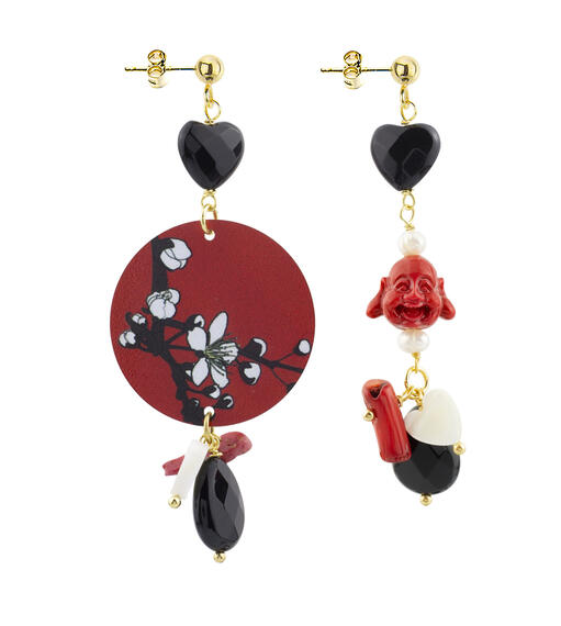 Orecchini Circle Piccolo Fiori Bianchi Fondo Rosso Nero - Lebole Maison