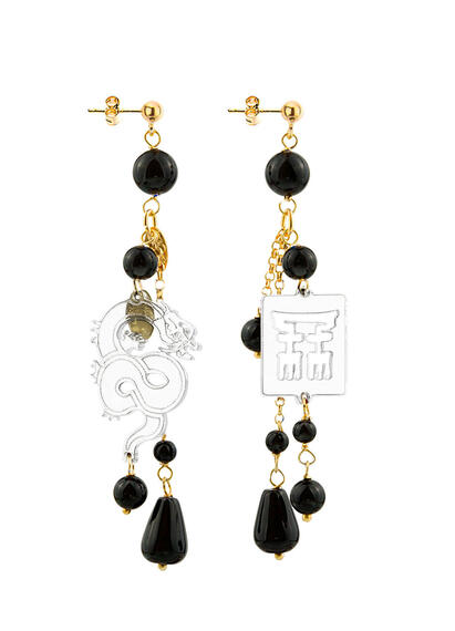 Orecchini Drago Plexi Trasparente Ciuffo Corto Nero - Lebole Maison