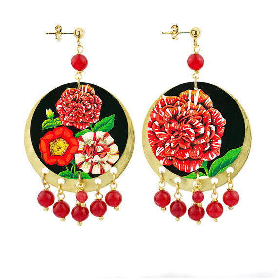 Orecchini Tre Fiori Fondo Nero Classico Rubino - Lebole Maison