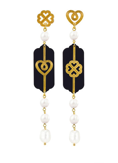 Orecchini Cuore E Quadrifoglio Plexi Nero Mini Lungo Perla - Lebole Maison