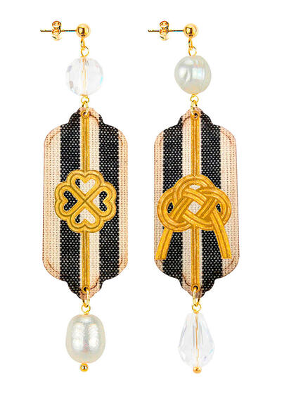 Orecchini Righe Nere Quadrifoglio E Nodo Perla - Lebole Maison