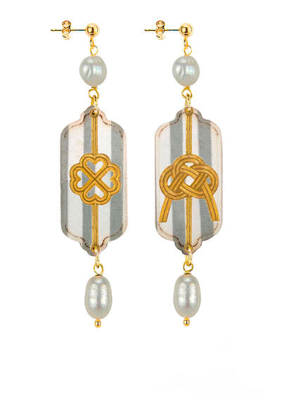 Orecchini Mini Righe Quadrifoglio E Nodo Perla Grigio - Lebole Maison