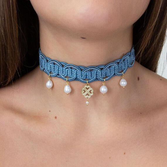 Collarino Celeste Quadrifoglio Perle - Lebole Maison