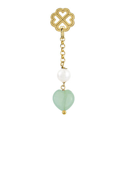 Long Four-leaf Clover Earring With Green Jade And Pearl Heart - Lebole Maison