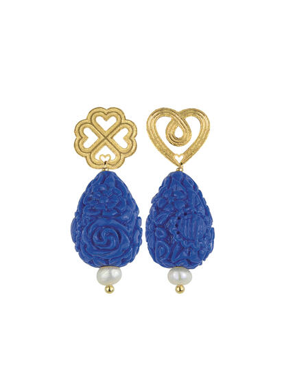 Four-leaf Clover Heart Earrings With Blue Drops - Lebole Maison