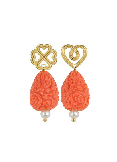 Heart, Four-leaf Clover, And Coral Drop Drop Earrings - Lebole Maison