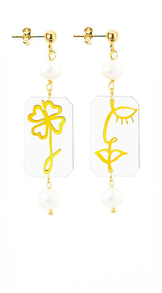 Orecchini Viso E Quadrifoglio Mini Plexi Trasparente Perla - Lebole Maison