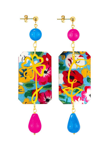 Orecchini Viso E Quadrifoglio Fiori Azzurro E Fucsia - Lebole Maison
