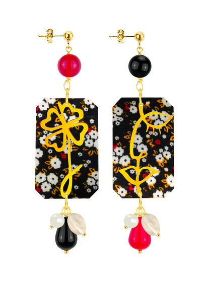 Orecchini Viso E Quadrifoglio Fiori Nero E Rubino - Lebole Maison