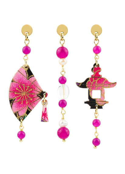 Tris Mini Fan Earrings Fuchsia Silk - Lebole Maison