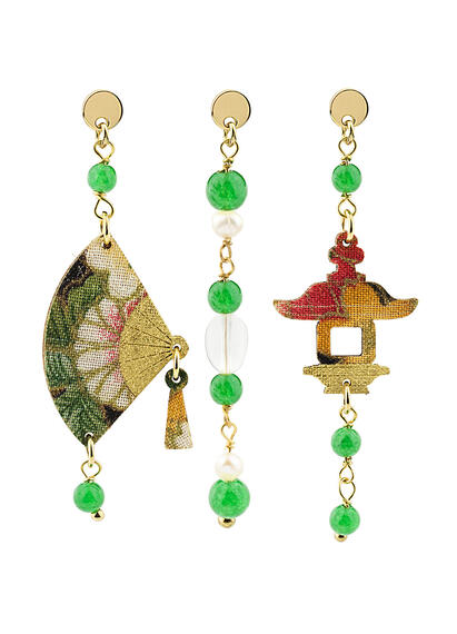 Tris Mini Fan Earrings Green Silk - Lebole Maison