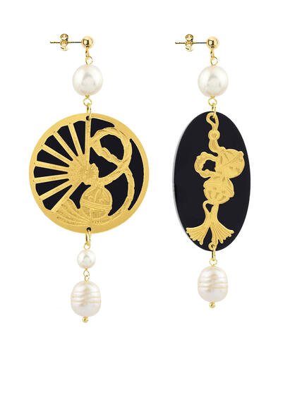 Temari-sensu And Black Pearl Plexi Fan Earrings - Lebole Maison