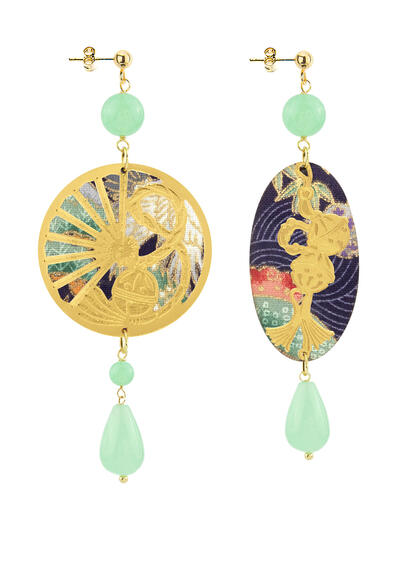 Temari-sensu And Jade Green Fan Earrings - Lebole Maison