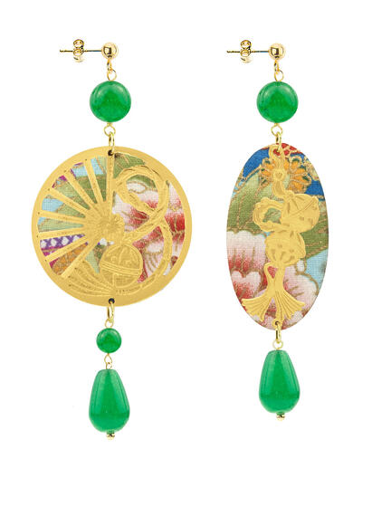 Temari-sensu And Green Fan Earrings - Lebole Maison