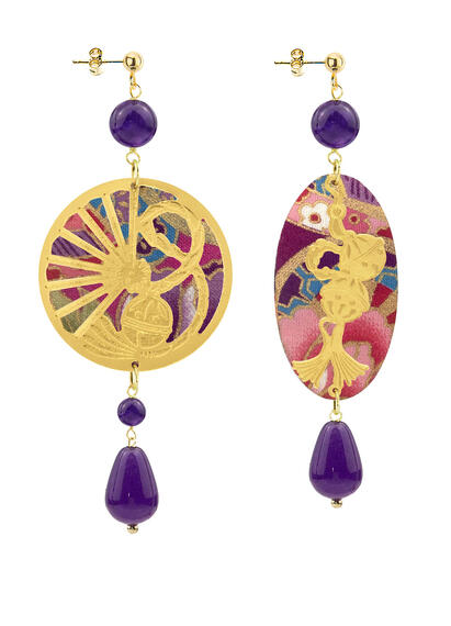Temari-sensu And Purple Fan Earrings - Lebole Maison