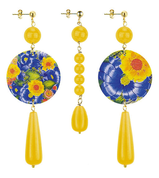 Orecchini Fiore Giallo E Blu Goccia Lunga Pietre Giallo - Lebole Maison