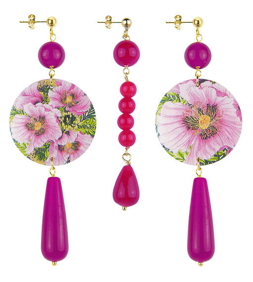 Orecchini Fiore Rosa Goccia Lunga Pietre Fucsia - Lebole Maison