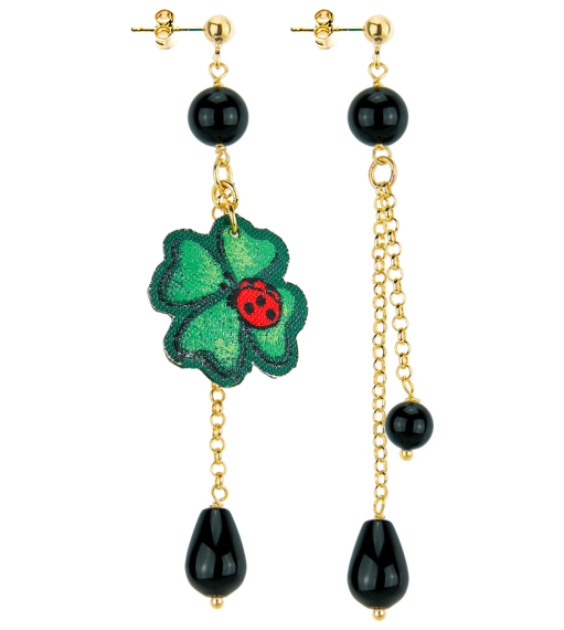 Orecchini Ciuffo Quadrifoglio Pietra Nero - Lebole Maison